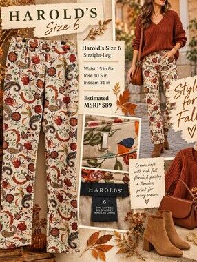 Harold’s Floral Paisley Pants Size 6 Fall Boho Stretch Straight Leg